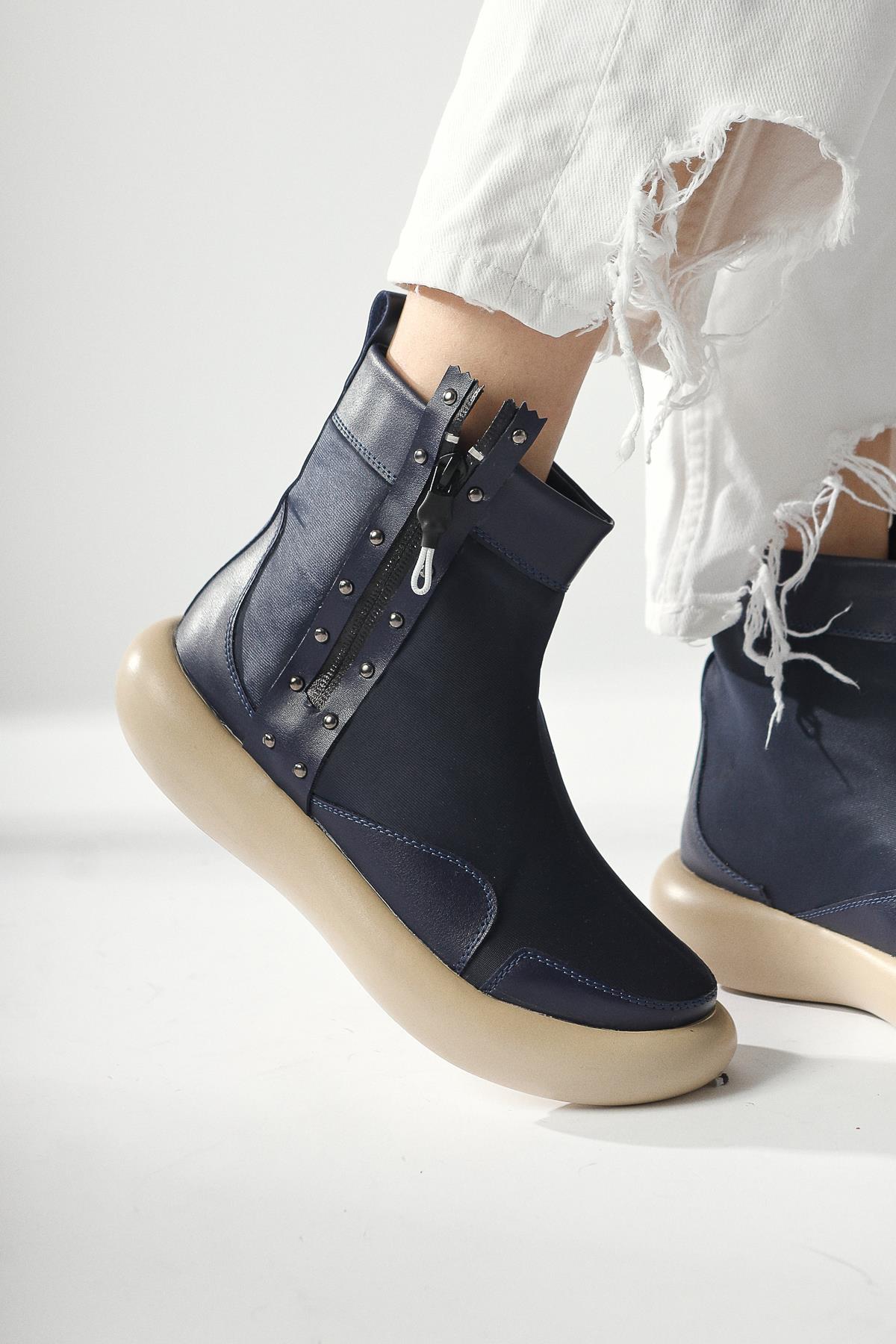 Maeda – Navy Neoprene Fabric Stud and Zipper-Detail Boot (Women)