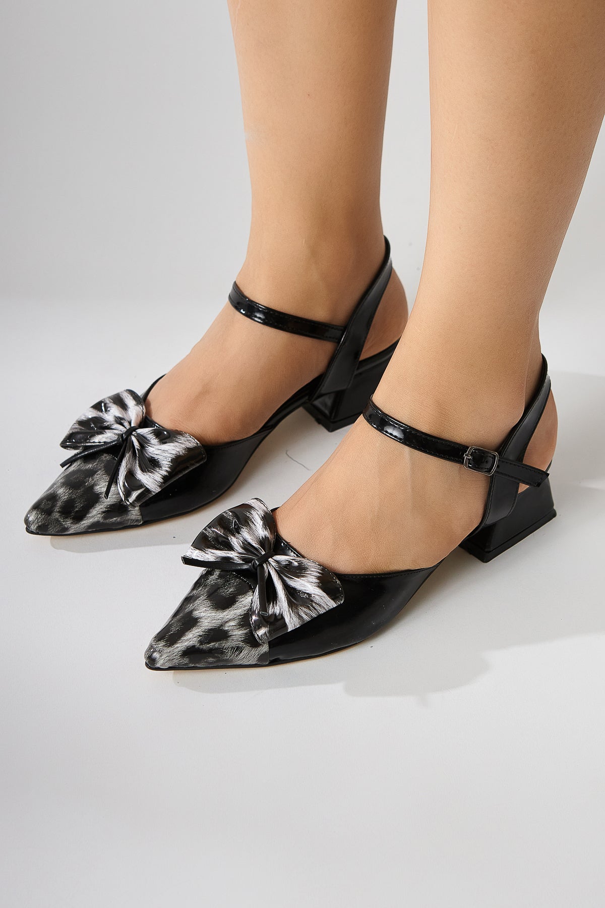 Silvia Black Ankle-Tie Leopard Bow-Tie Women's Sandal