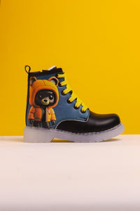 Lisha Black Striped Character Print Lace-Up Kids Boots