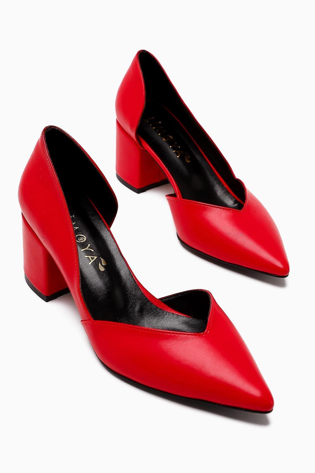 Albena Genuine Leather Red Pointed Toe Detailed Women’s Heeled Shoes