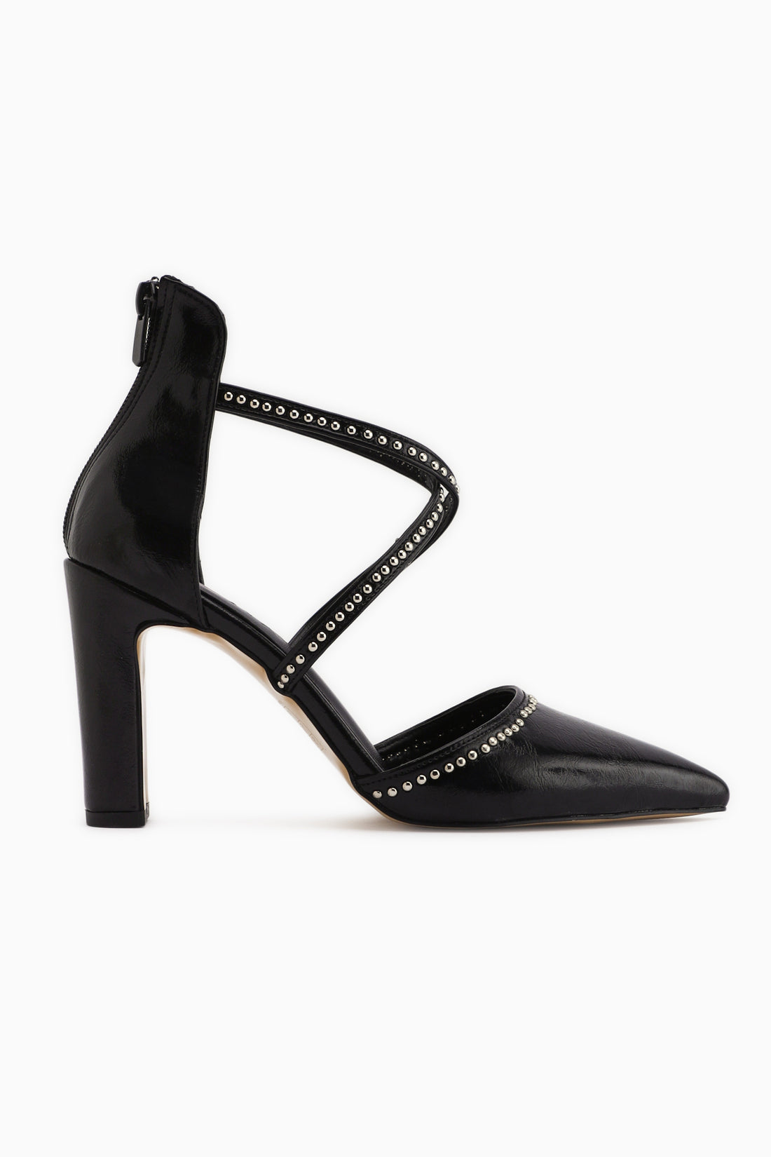 Neyla Black Studded Cross-Strap Pointed Toe Women’s Heeled Shoes