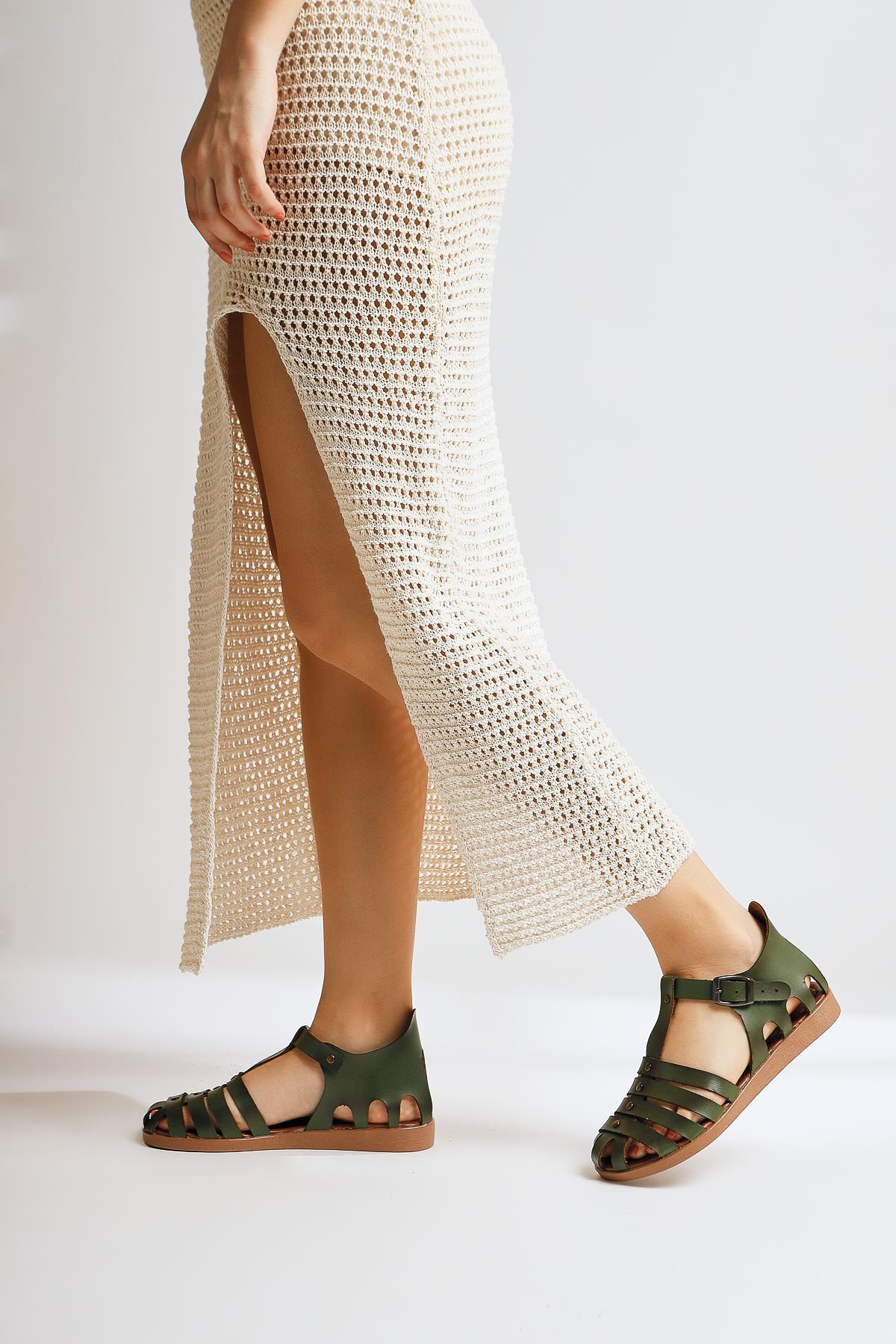 Tori Genuine Leather Khaki Four-Strap Adjustable Flat Sandals