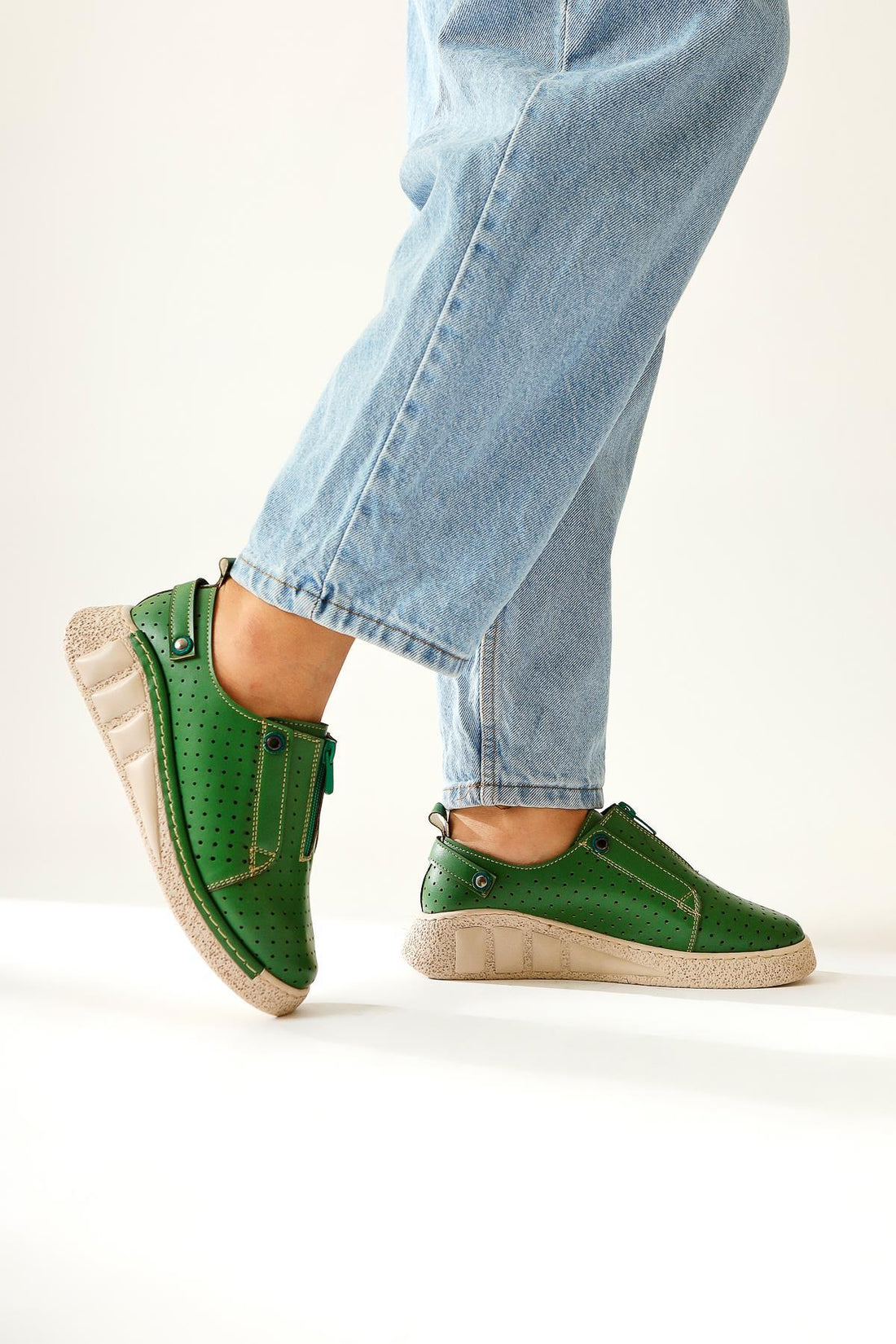Melonie – Green Laser-Cut Zippered Casual Shoe