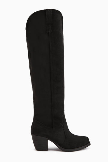 Leya – Black Suede Zipperless Heeled Knee-High Boot (Women)
