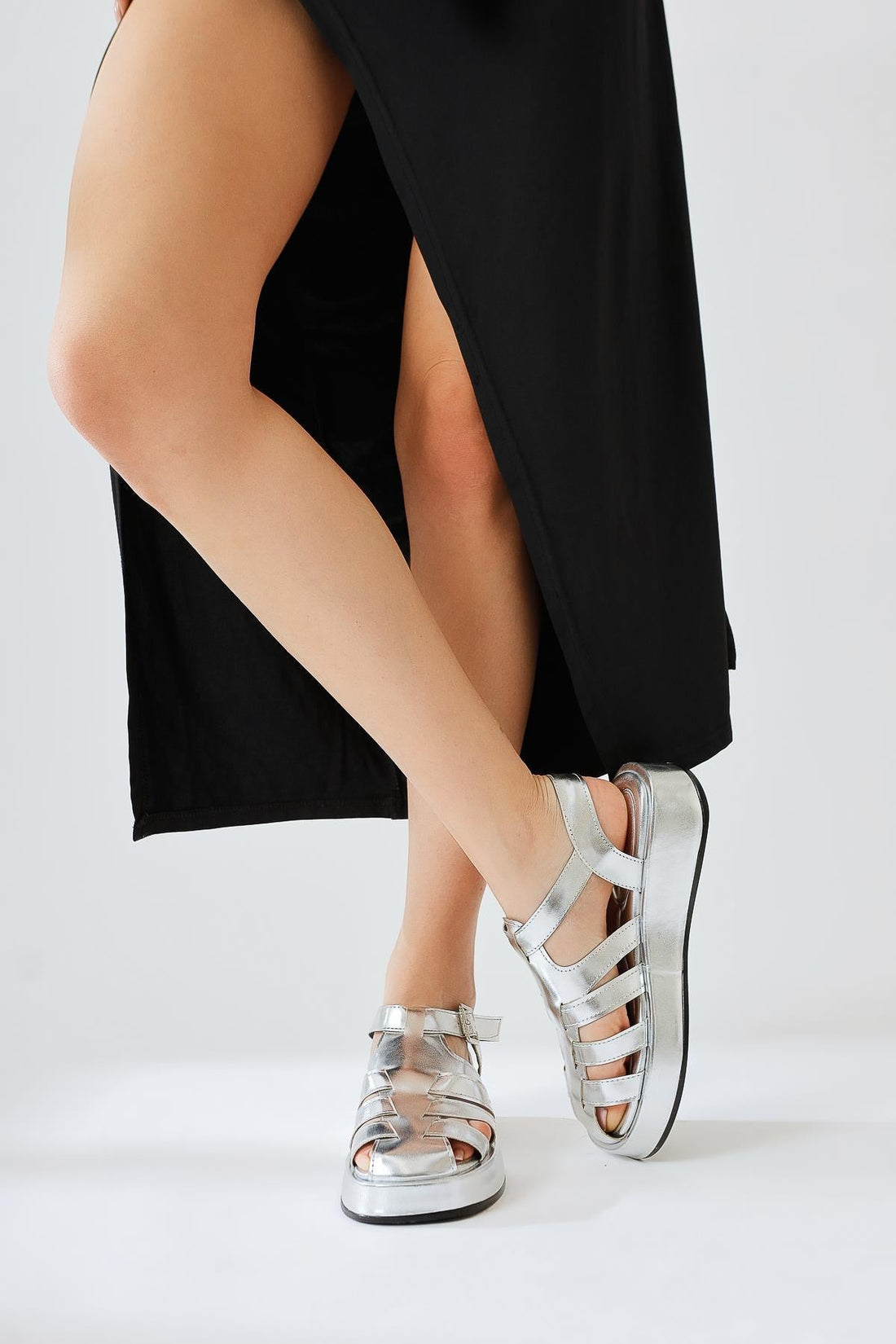 Merlin Silver Crinkled Patent Leather Strap Sandals