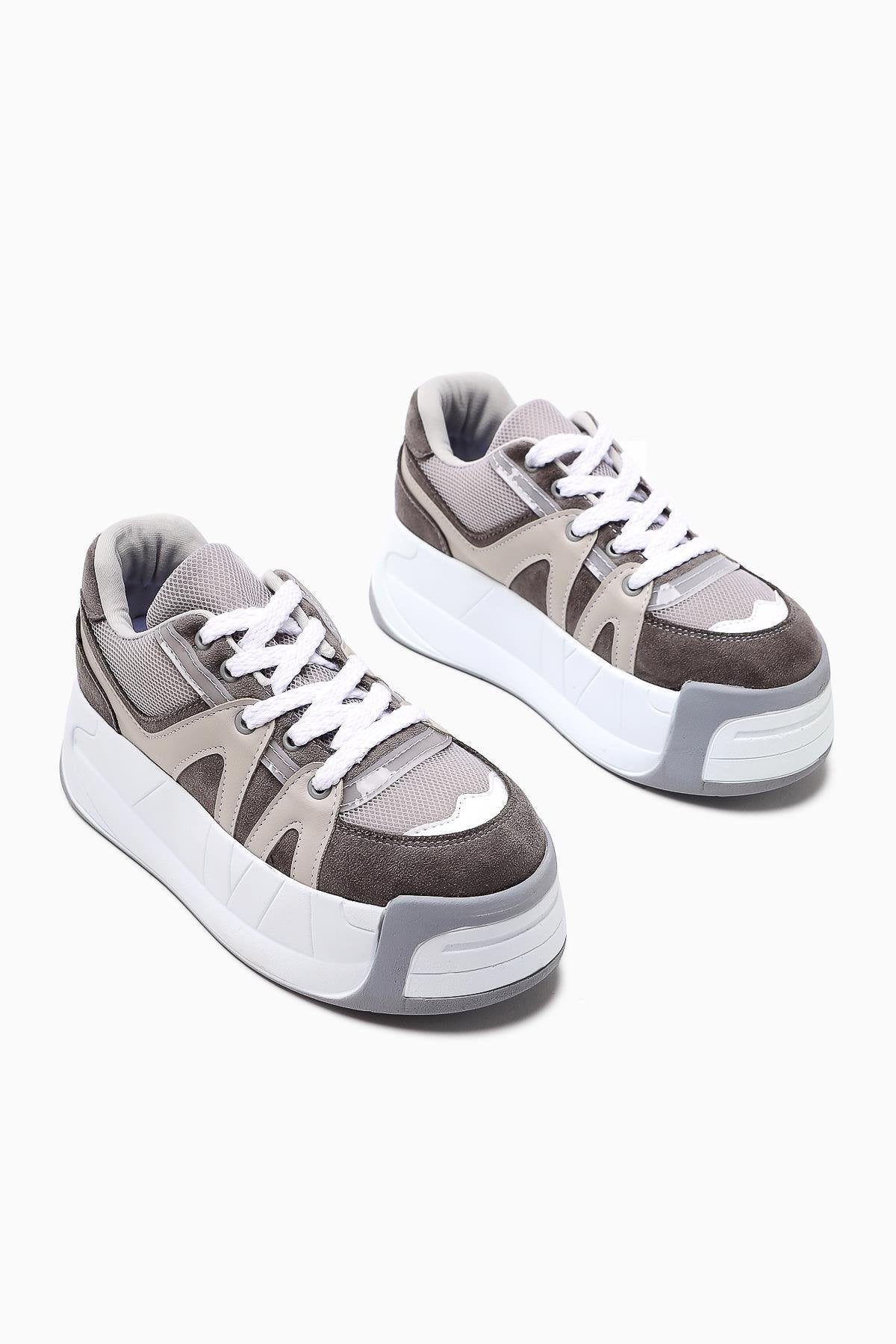Alvi – Gray Leather-Look Vegan Material Detail Sneaker (Women)