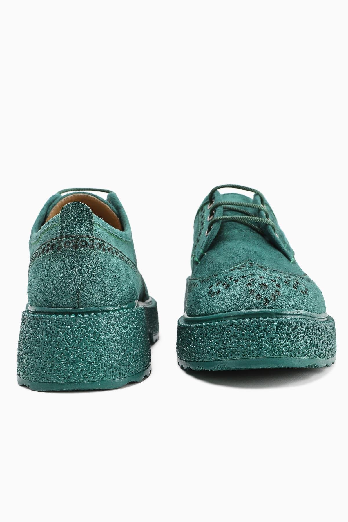 Rossy Green Suede Casual Shoes with Oval Toe and Laser Cut Detail
