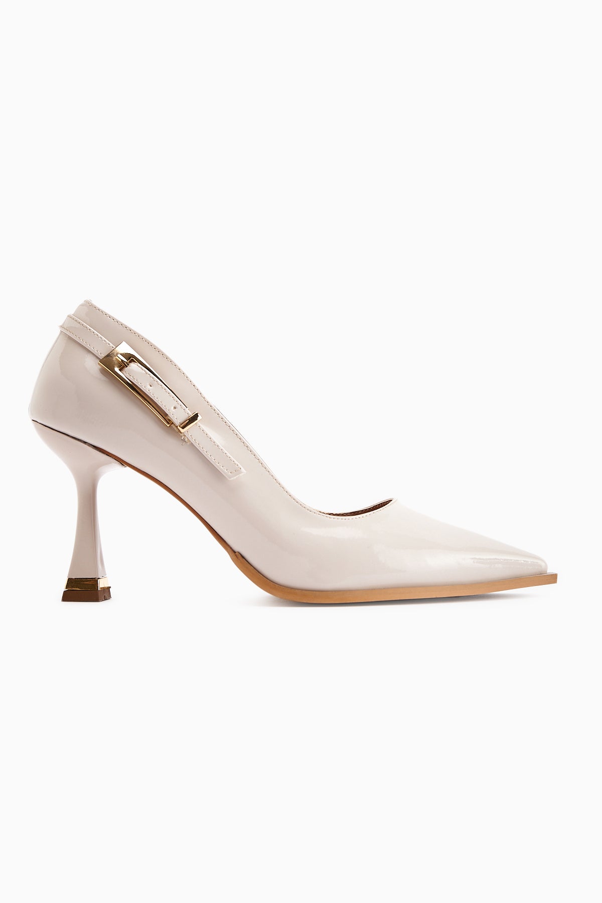 Mithra Beige Patent Pointed Toe Buckle Detailed Women’s Heeled Shoes