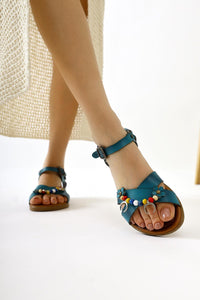 Alize Genuine Leather Turquoise Sandals with Bead and Leaf Details