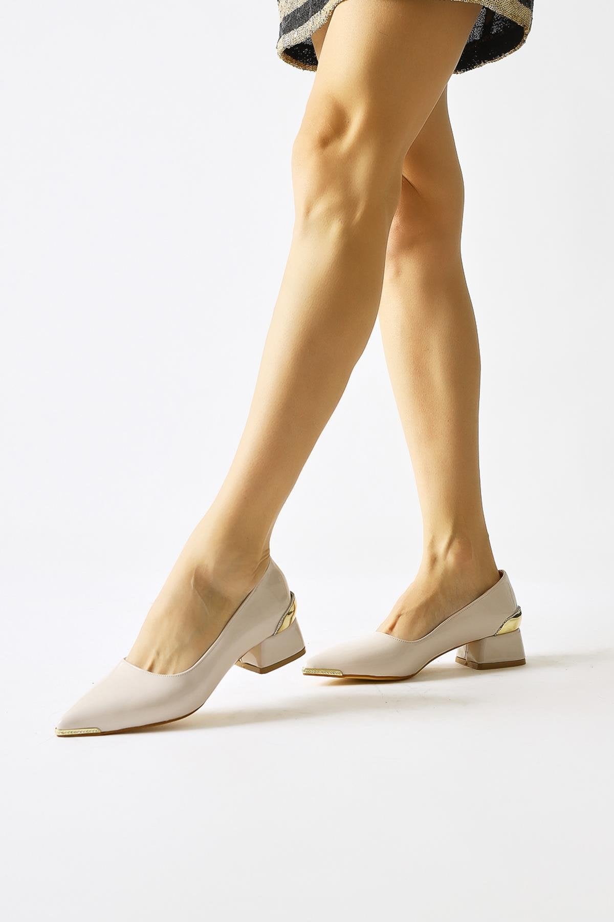 Alica Beige Patent Leather Pointed-Toe Shoes with Gem Detail and Short Heel