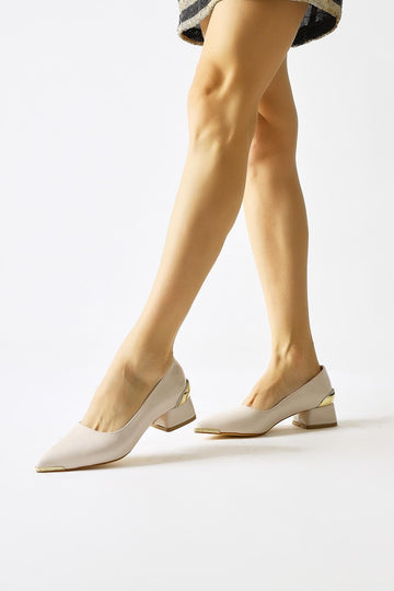 Alica Beige Patent Leather Pointed-Toe Shoes with Gem Detail and Short Heel