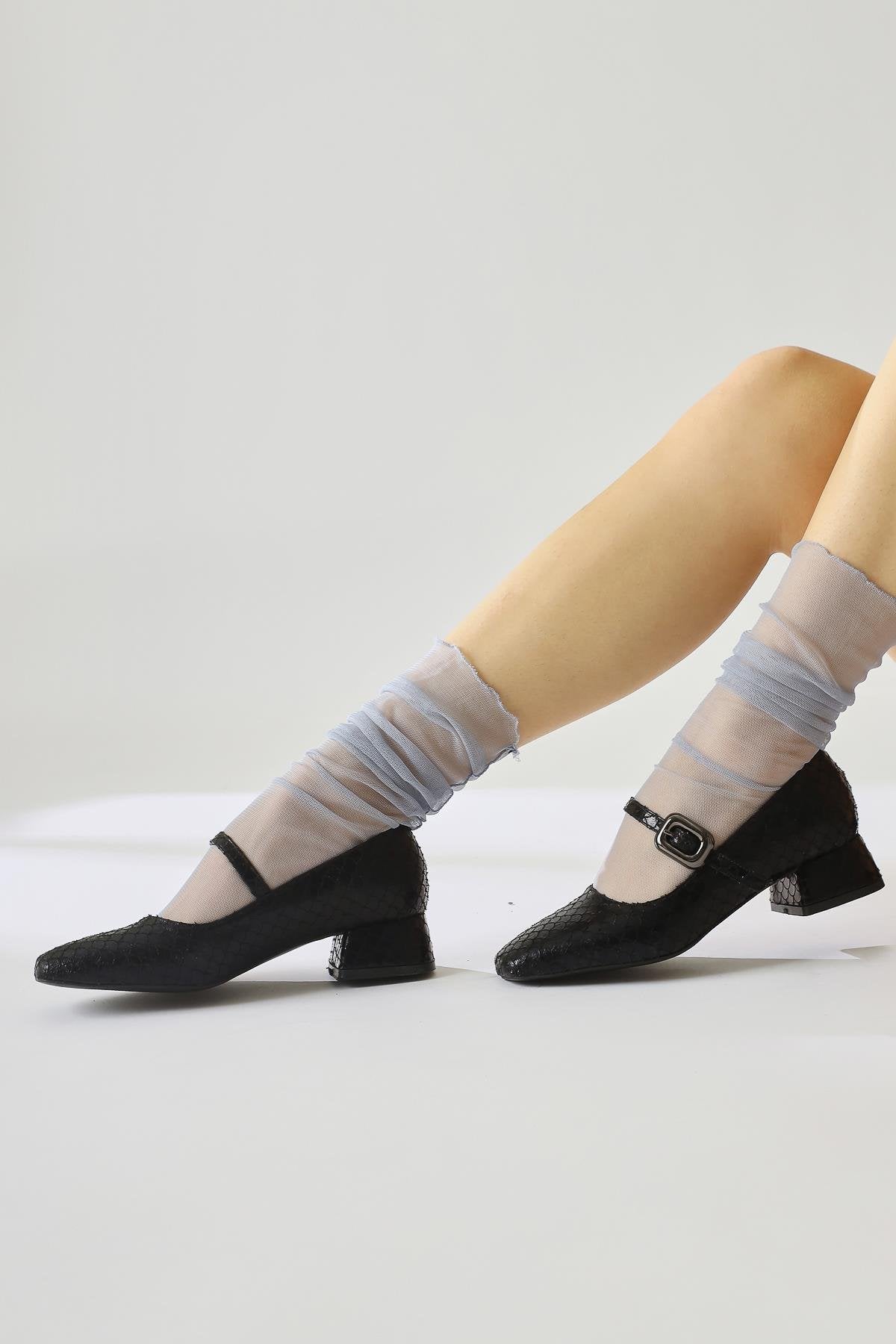 Abby Black Fish Scale Textured Square Toe Buckle Detail Everyday Shoe