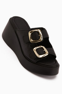 Luna Genuine Leather Black Double Strap Platform Women’s Slippers
