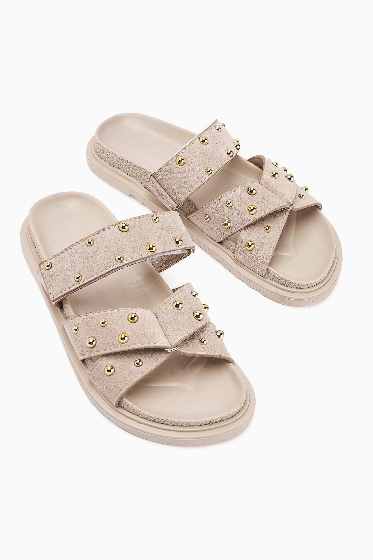 Mino Beige Cross-Strap Studded Women's Slippers