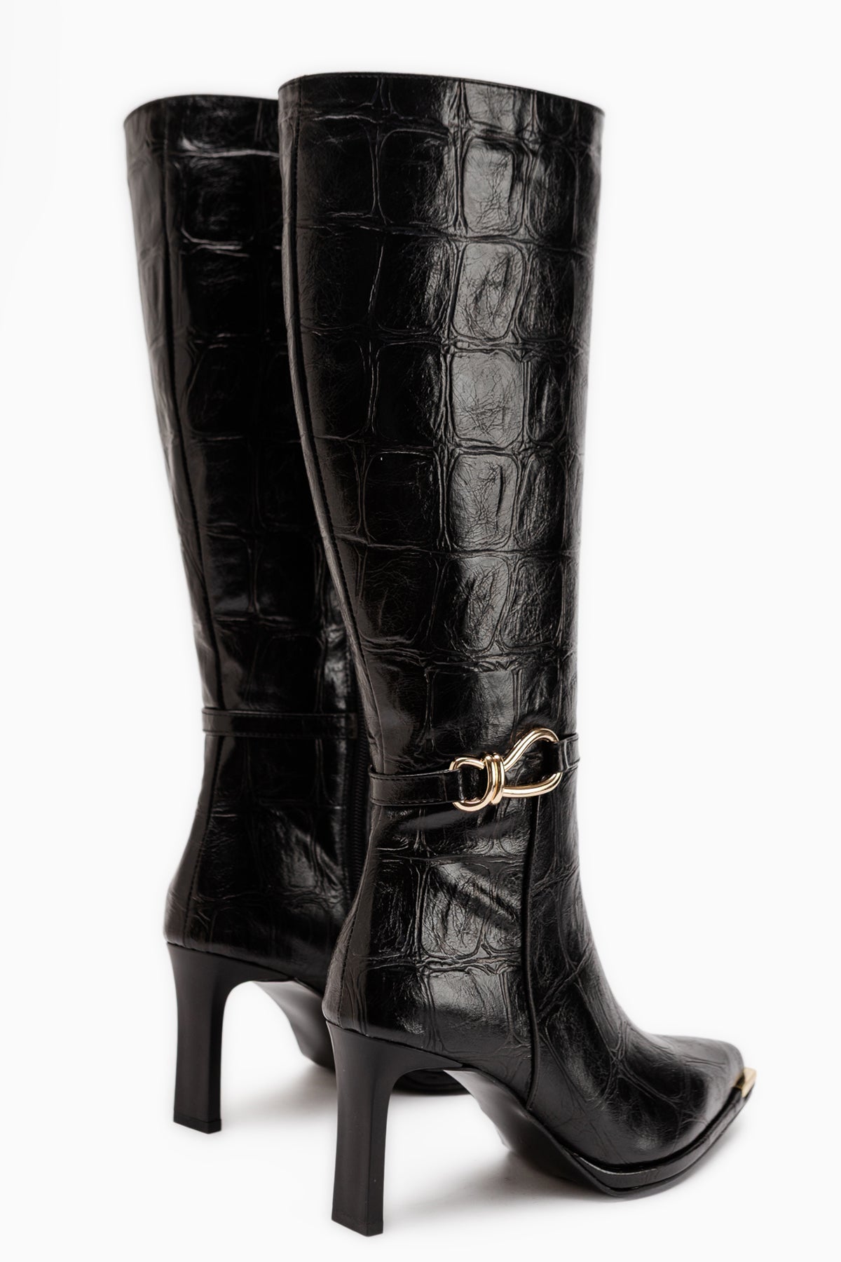 Lovis Black Crocodile Pattern Buckle Detailed Women’s Boots