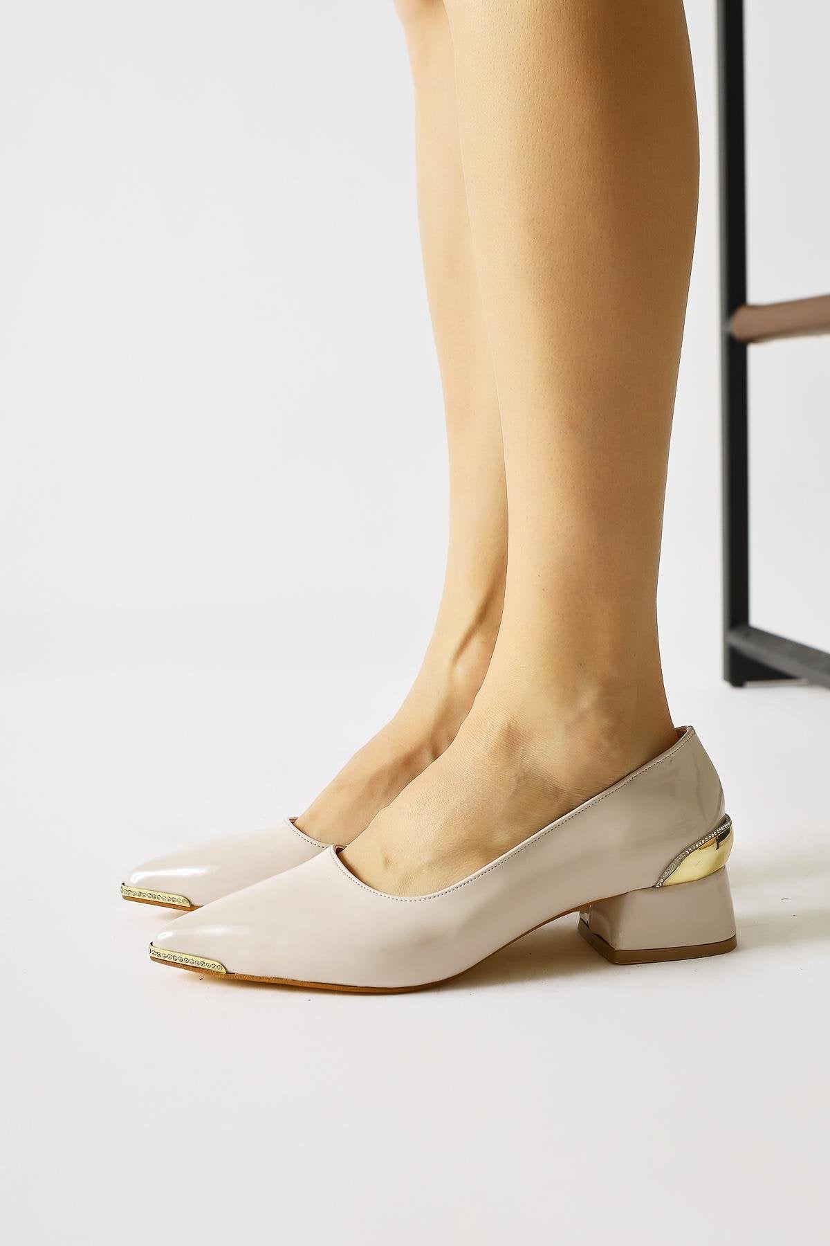 Alica Beige Patent Leather Pointed-Toe Shoes with Gem Detail and Short Heel