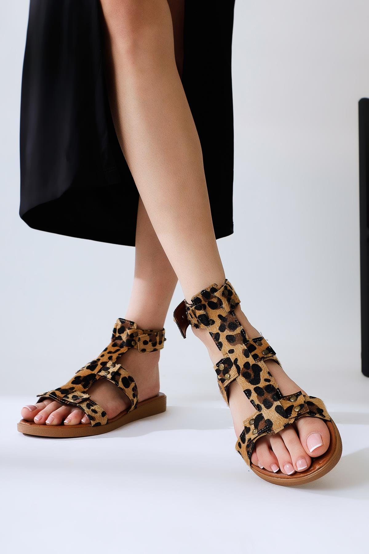 Rayen Genuine Leather Triple Strap Studded Belt Sandal