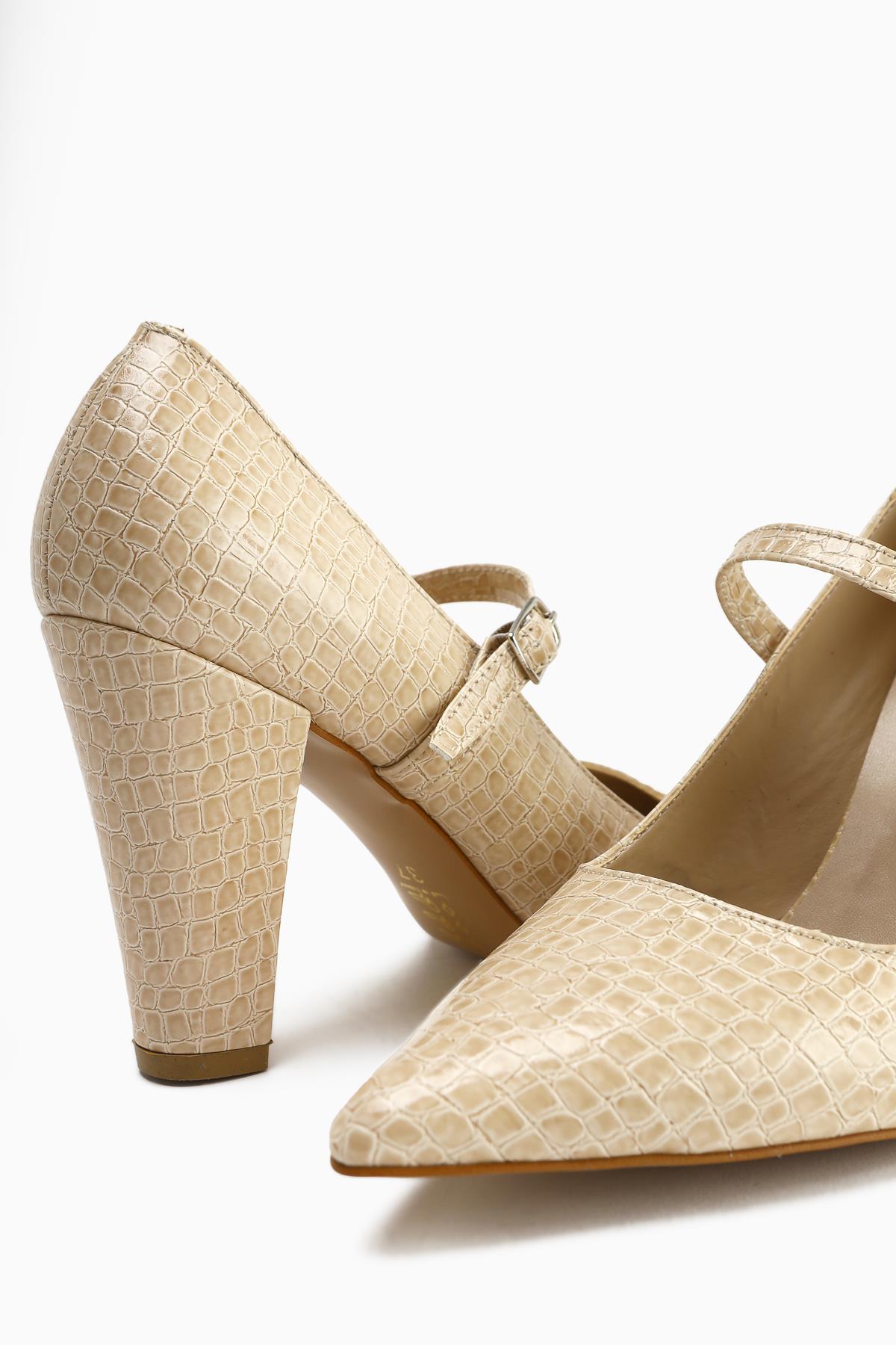 Beate Beige Crocodile Leather Print Pointed Toe Heeled Women’s Shoes