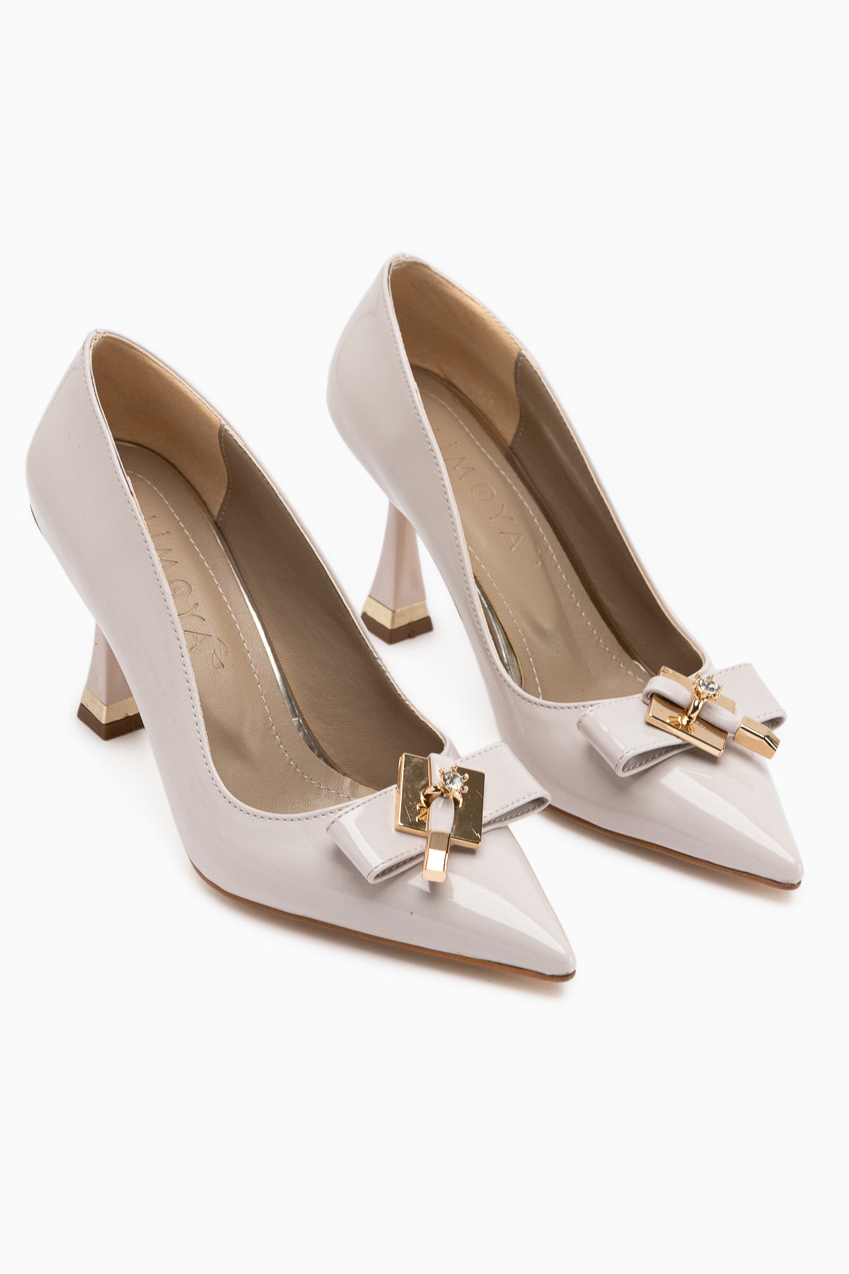Mimosa Beige Patent Pointed Toe Single Stone Buckle Detailed Women’s Heeled Shoes