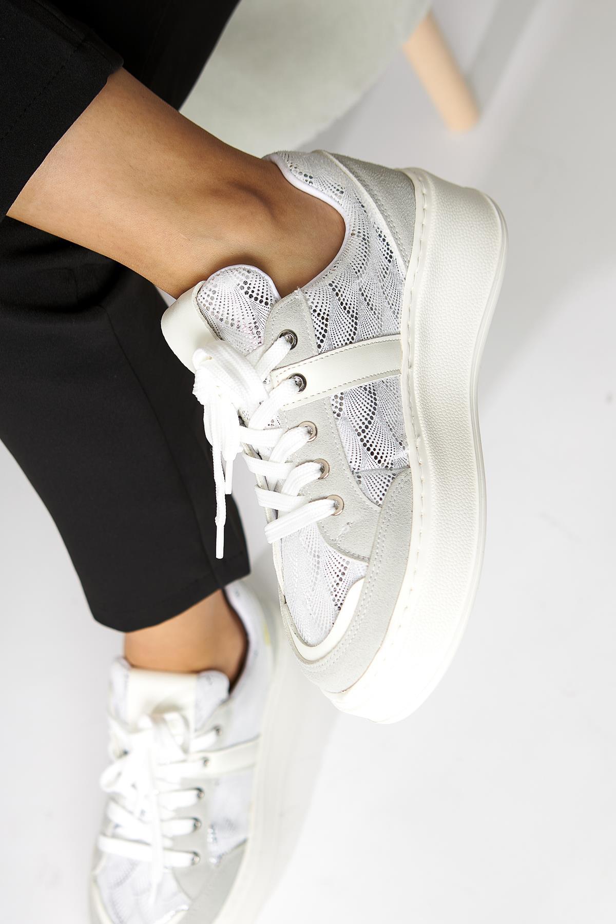 Julissa – White Suede Shiny Patterned Thick Sole Sneaker (Women)