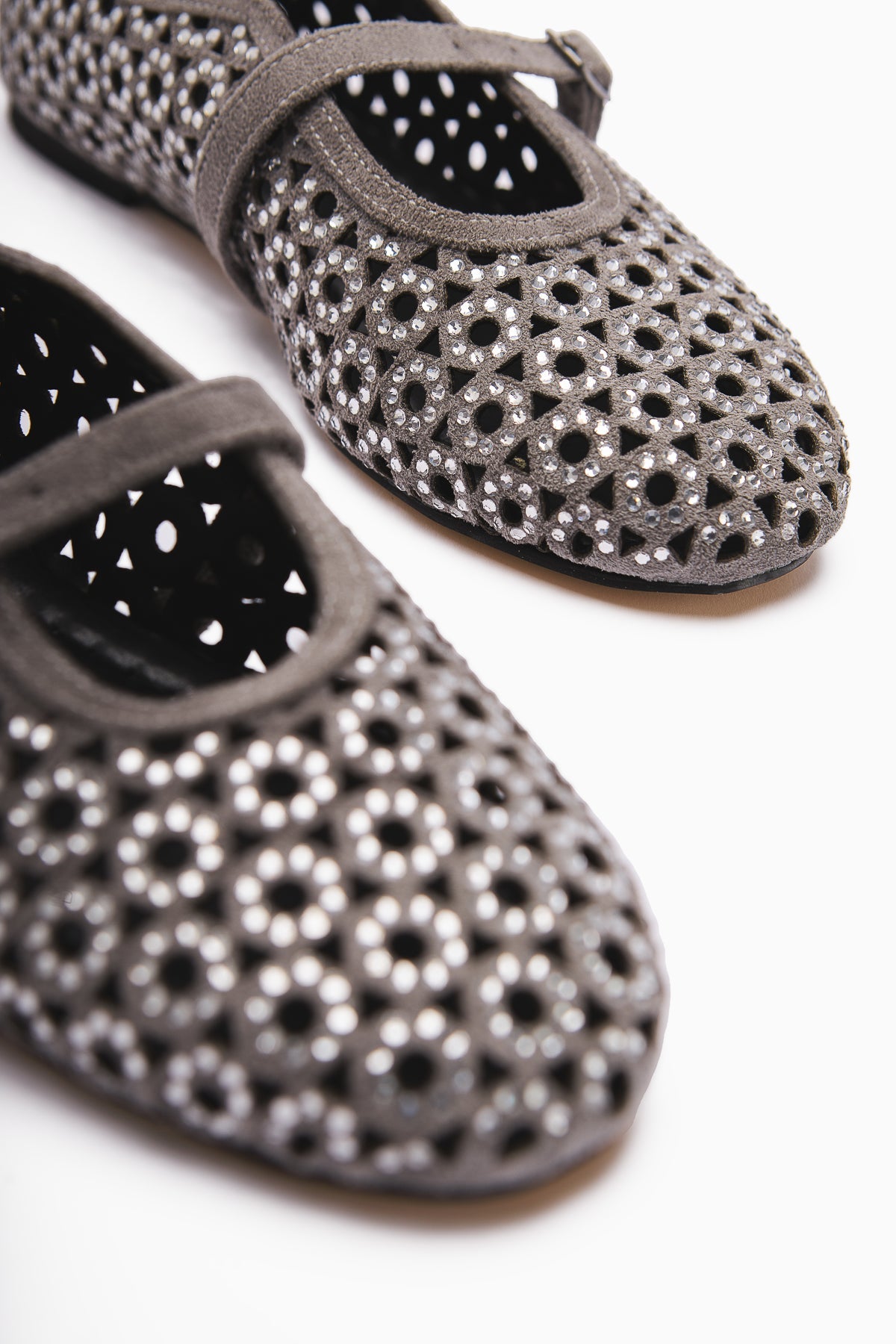 Nicki Grey Suede Oval Toe Perforated Stone Detail Single Strap Women's Casual Shoe