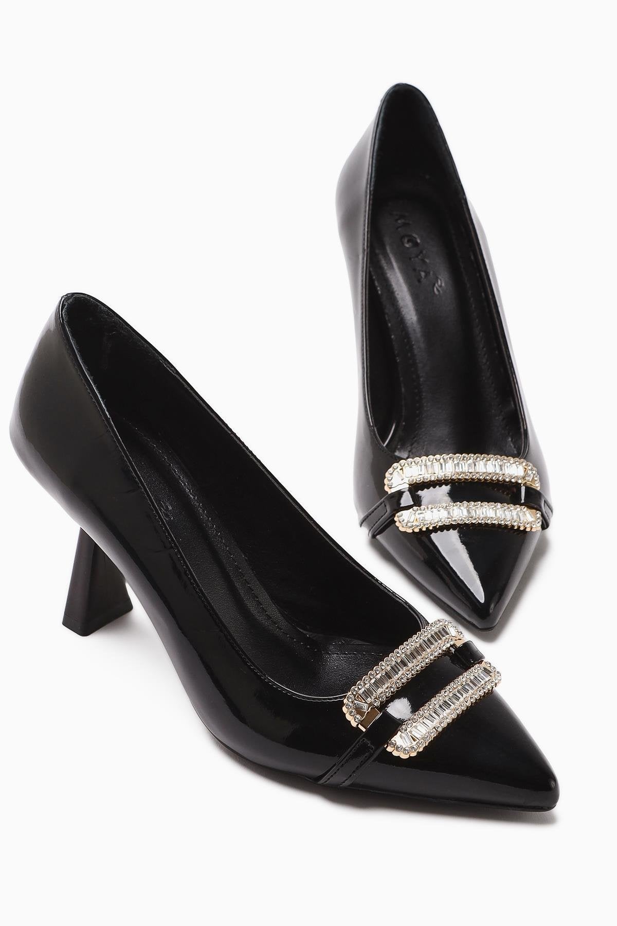 Ania Black Patent Pointed Toe Women's Heels with Rhinestone Buckle Detail