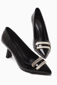 Ania Black Patent Pointed Toe Women's Heels with Rhinestone Buckle Detail