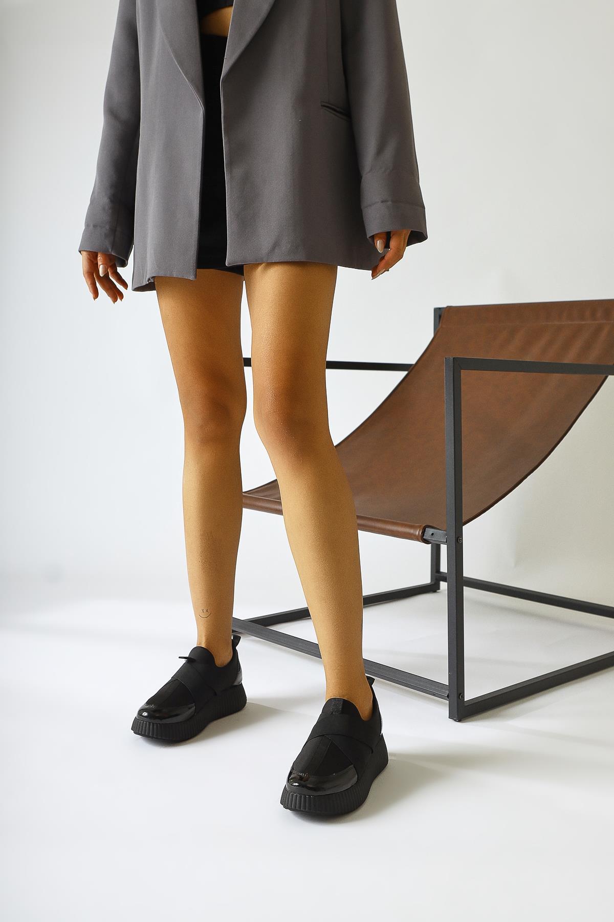 Hanah Black Scuba Fabric Shoe with Patent Detail and Cross Elastic Band