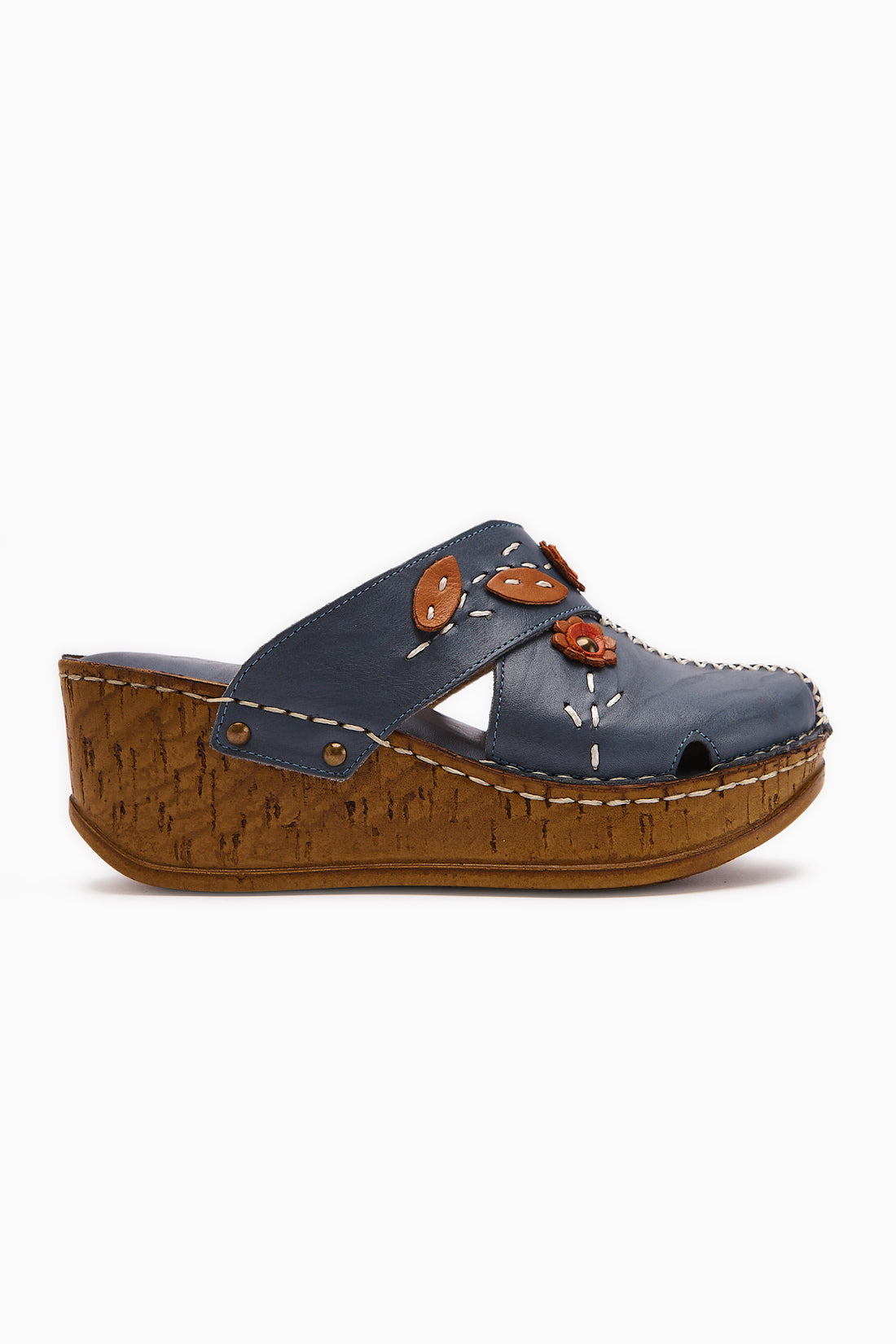 Genuine Leather Alto Dark Blue Wedge Slippers with Vintage Sole Comfort Slippers
