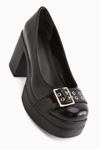 Salin Black Patent Belt Detailed Deep V Heeled Daily Shoes