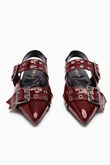 Davin Burgundy Patent Leather Sandals with Belt and Pointed Toe