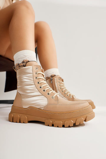 Meredith – Beige Fluorescent Fabric-Detail Lace-Up Boot (Women)
