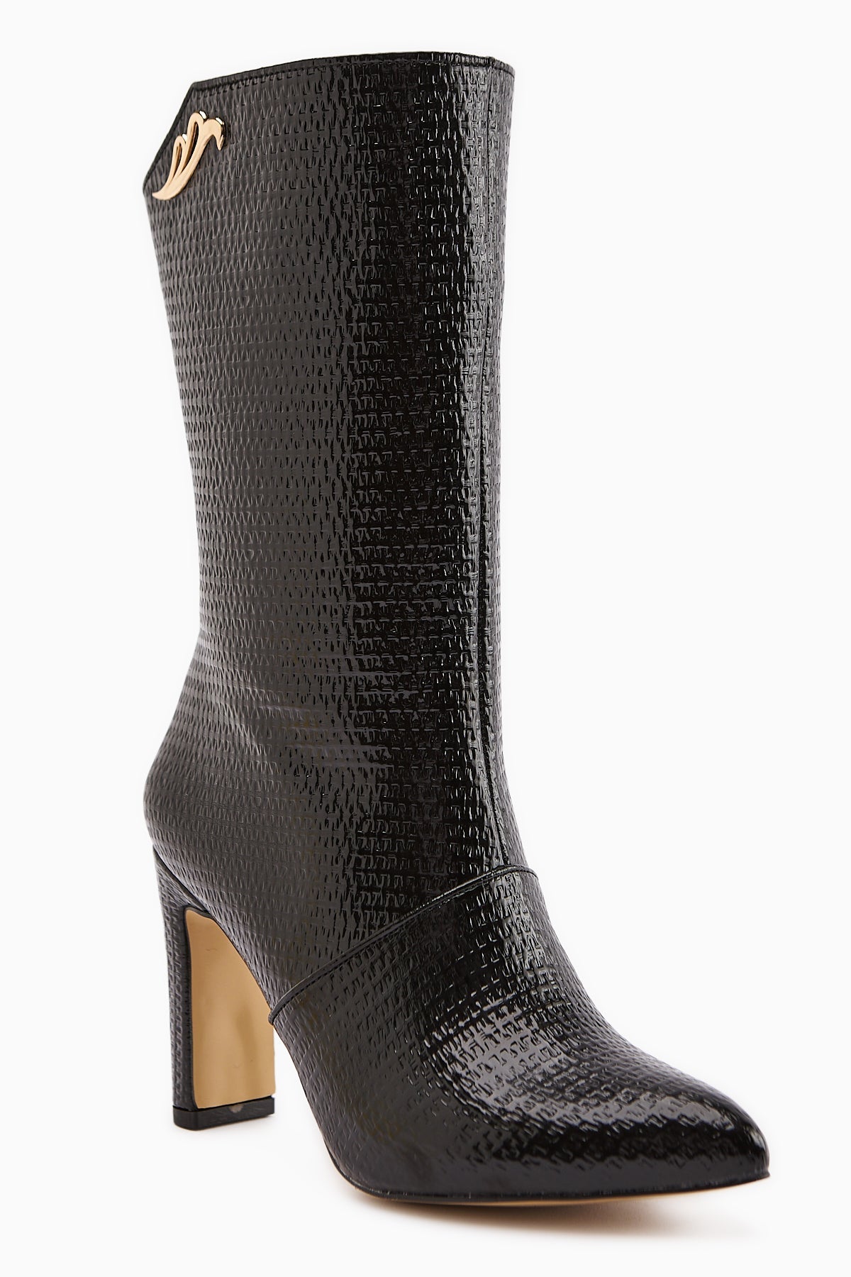 Aria – Black Croc-Embossed Heeled Knee-High Boot (Women)