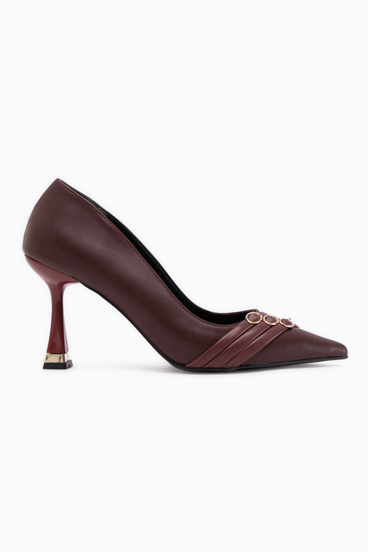 Lavina Burgundy Strap Gold Heeled Pointed Toe Stiletto