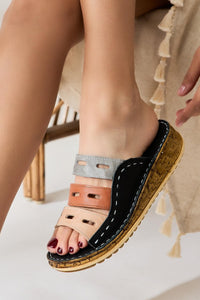 Joelle Black Comfort Genuine Leather Laser Cut Slides