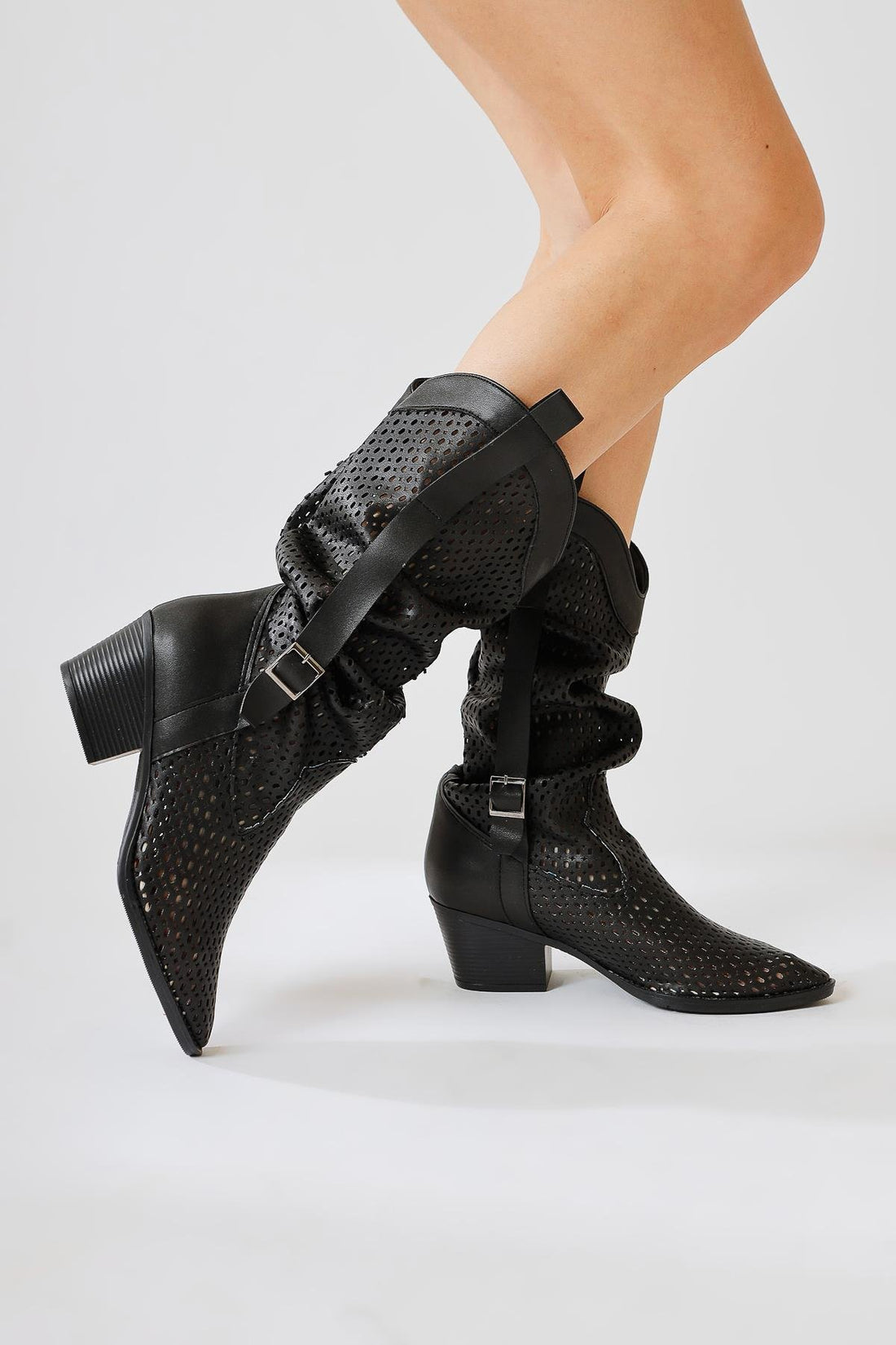 Orietta Black Laser Cut Pleated Summer Boots