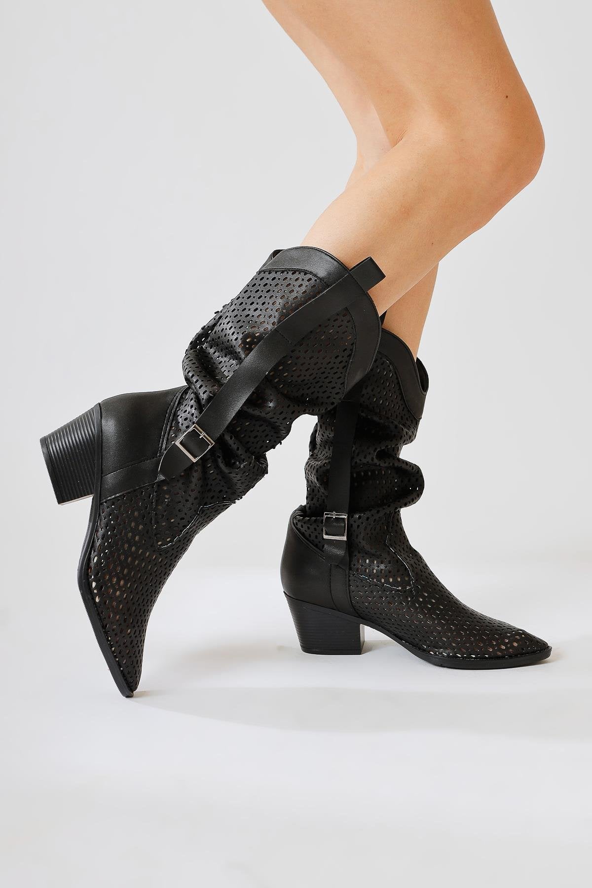 Orietta Black Laser Cut Pleated Summer Boots