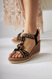 Jona Black Buckled Elastic-Back Wedge Women's Sandal