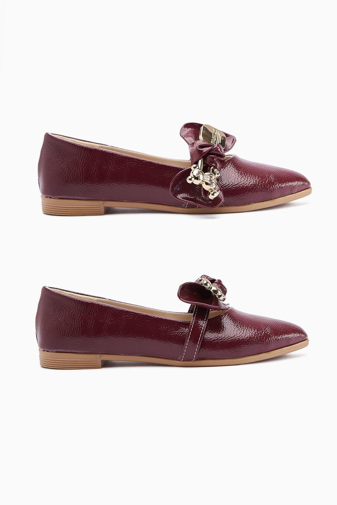 Joselin Burgundy Crinkled Patent Leather Flat with Bow Accessory