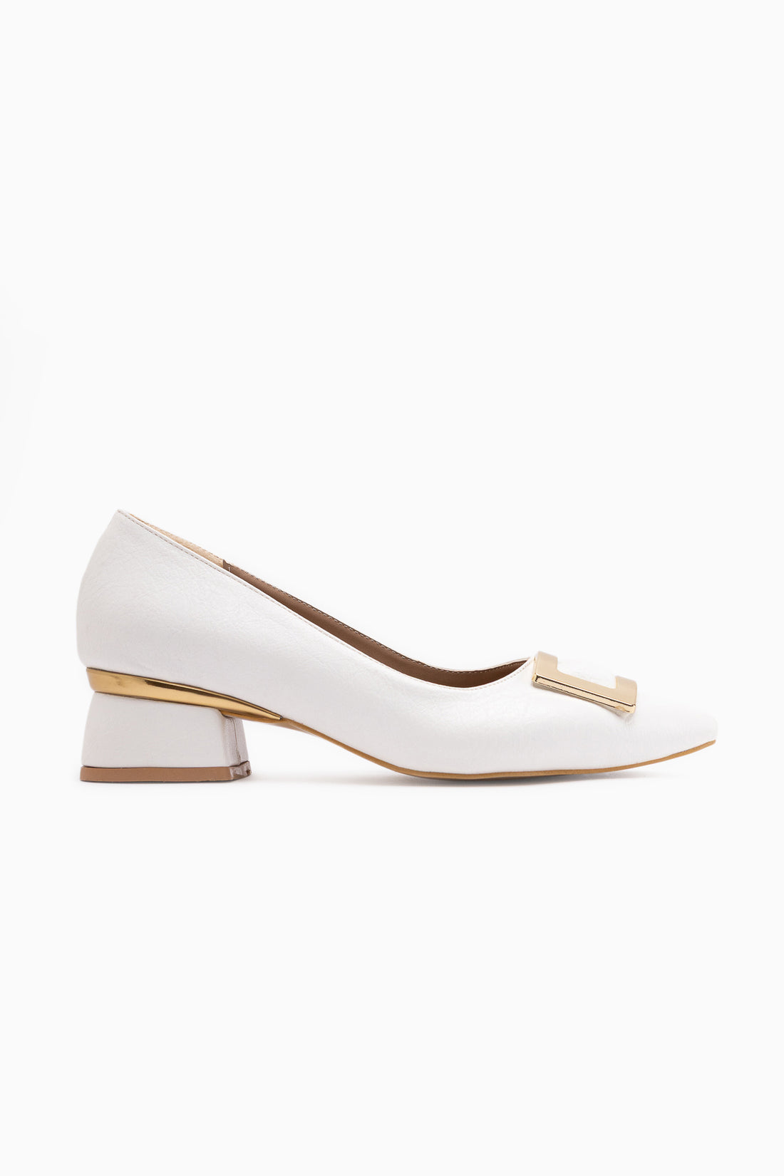 Charoline White Buckled Short Heeled Pointed Shoes
