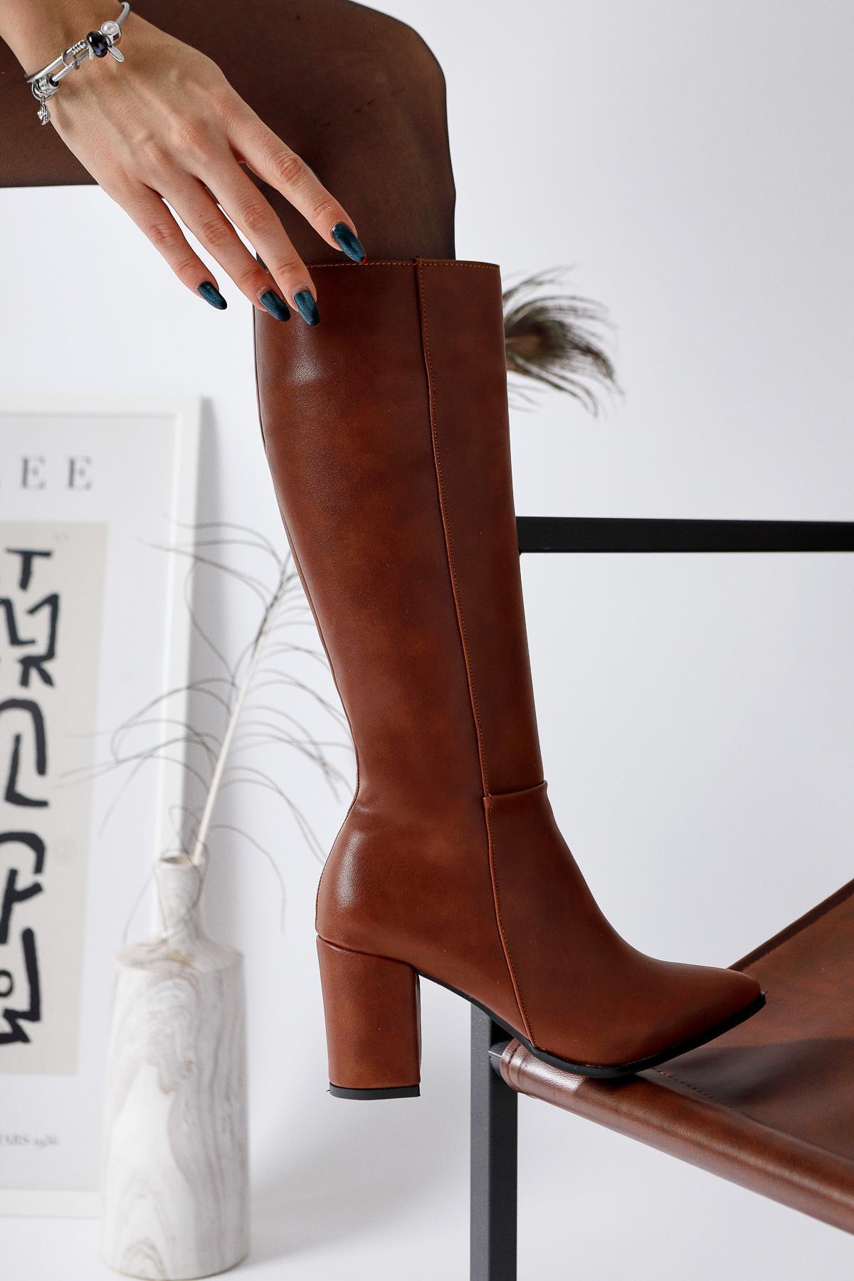 Tatum – Cognac Pointed-Toe Mid Heel Knee-High Boot (Women)