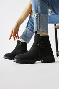 Nico – Black Oval-Toe Buckle-Detail Boot (Women)