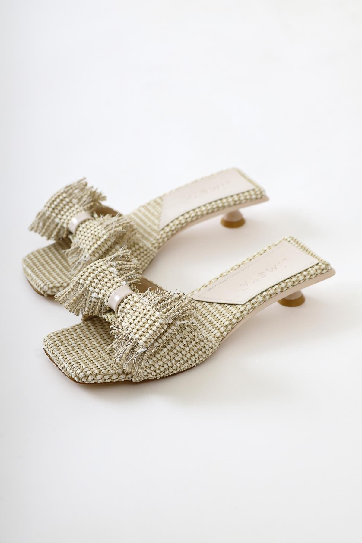 Tonka Beige Straw Bow Strap Low Heel Sandals