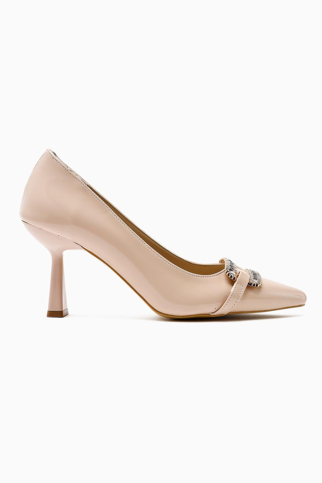 Ania Beige Patent Leather Pointed Toe Heels with Jewel Buckle Detail