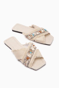 Felisa Beige Stone and Sea Shell Embellished Bohemian Women's Slippers