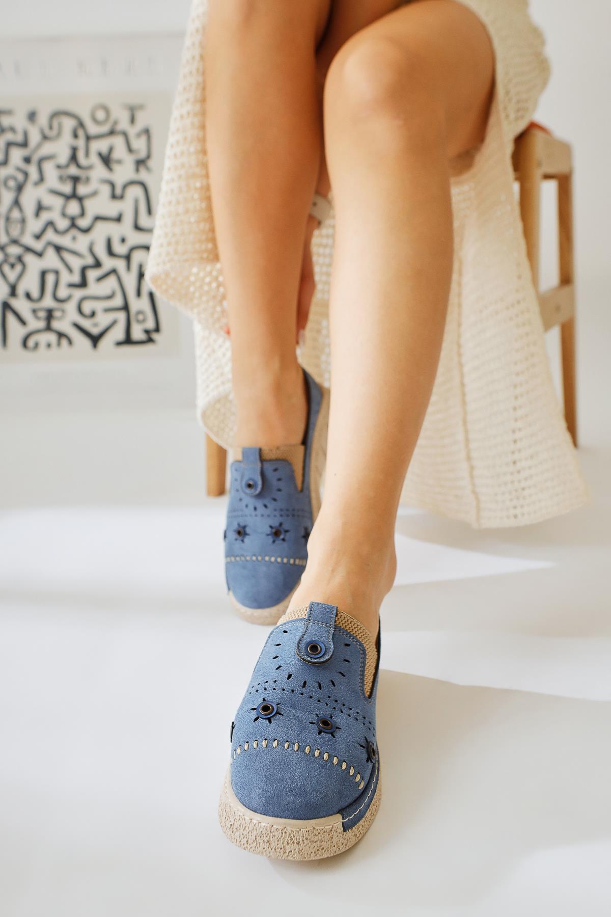 Bethina Blue Suede Studded Laser Cut Flat