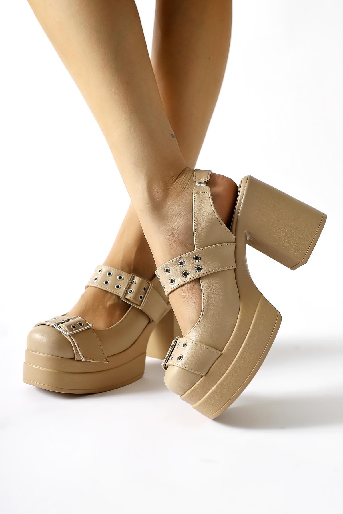 Marise – Genuine Leather Nude Oval-Toe Platform Double-Strap Accessory-Detail Casual Shoe (Women)