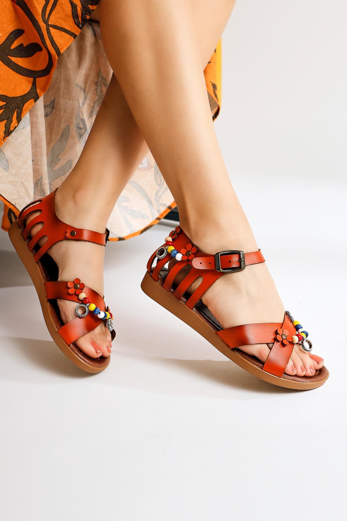 Alize Genuine Leather Orange Sandal with Bead and Leaf Details