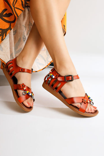 Alize Genuine Leather Orange Sandal with Bead and Leaf Details