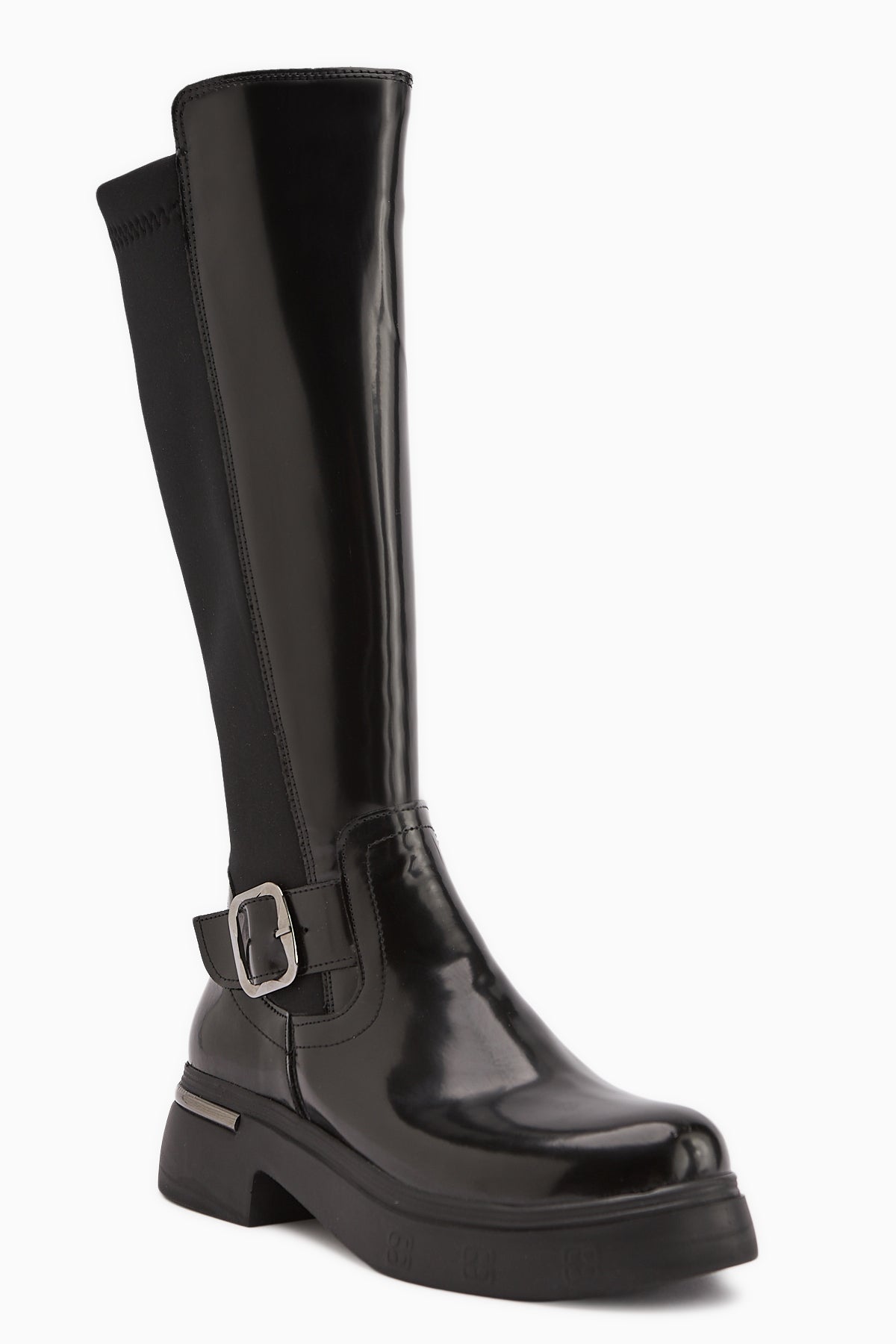 Faria Black Patent Leather Diver Fabric Detailed Buckled Thick Sole Boots
